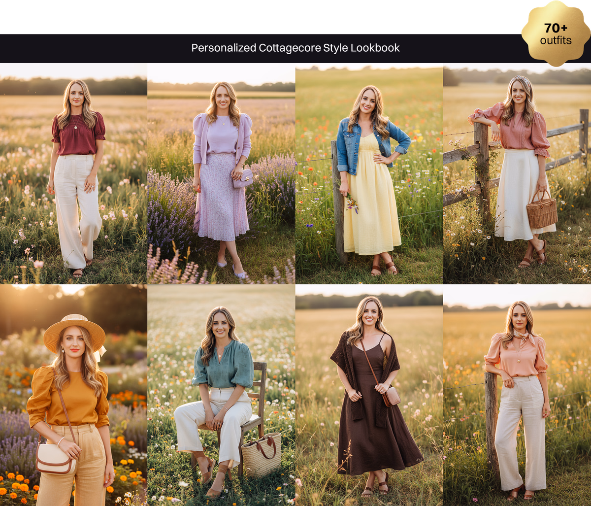 Women's personalized cottagecore aesthetic digital style guide - see yourself in 70+ professional outfits